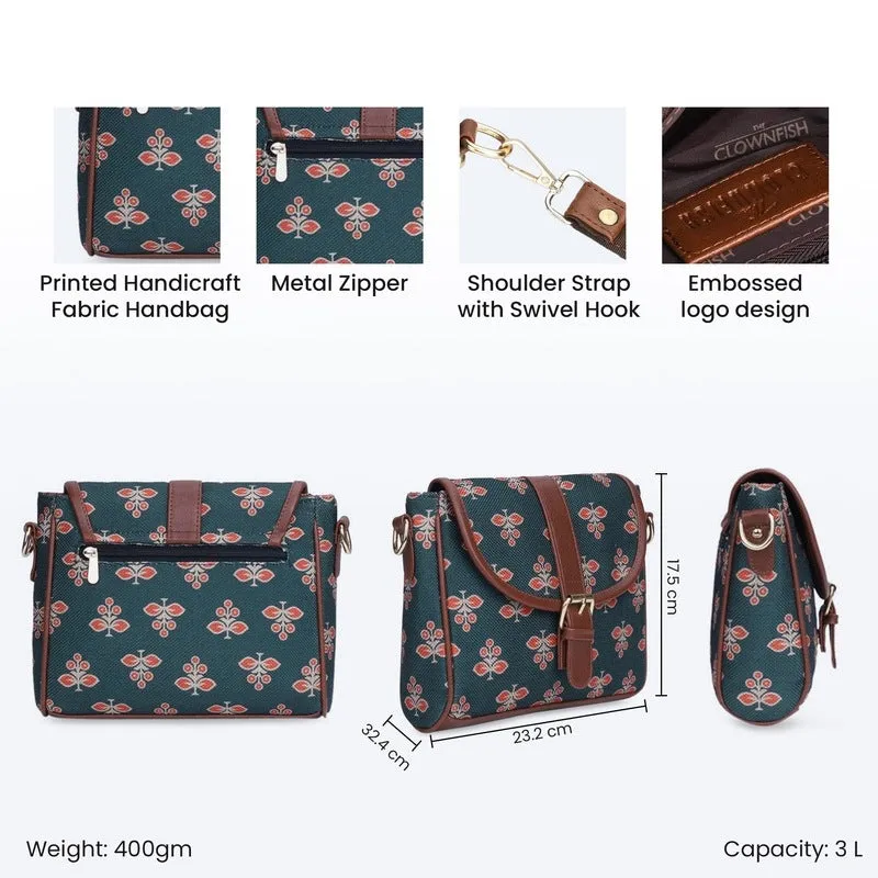 THE CLOWNFISH Madeline Printed Handicraft Fabric Handbag for Women Sling Bag Office Bag Ladies Shoulder Bag with Snap Flap Closure & Shoulder Belt Tote For Women College Girls (Dark Grey)