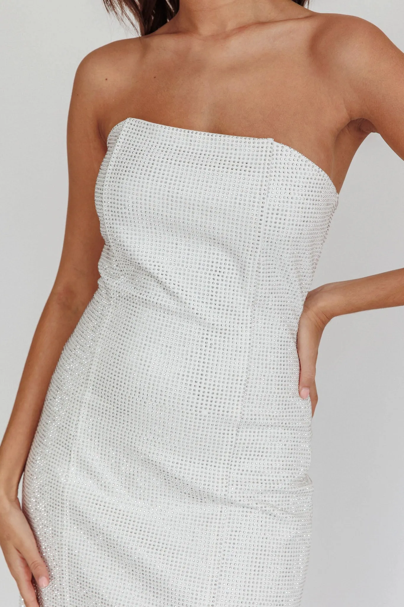 This Feeling Strapless Diamante Mini Dress White