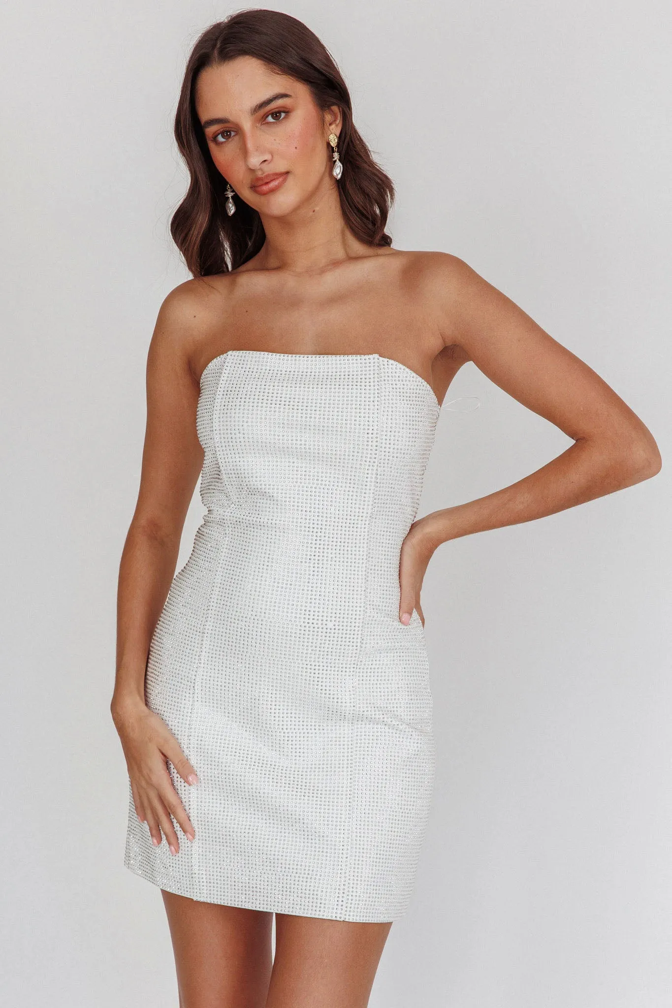 This Feeling Strapless Diamante Mini Dress White