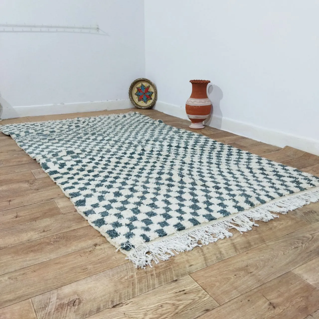 Turquoise Handmade Rug, White & Turquoise Checkered Rug - Berber style wool rug from Morocco - Modern rug