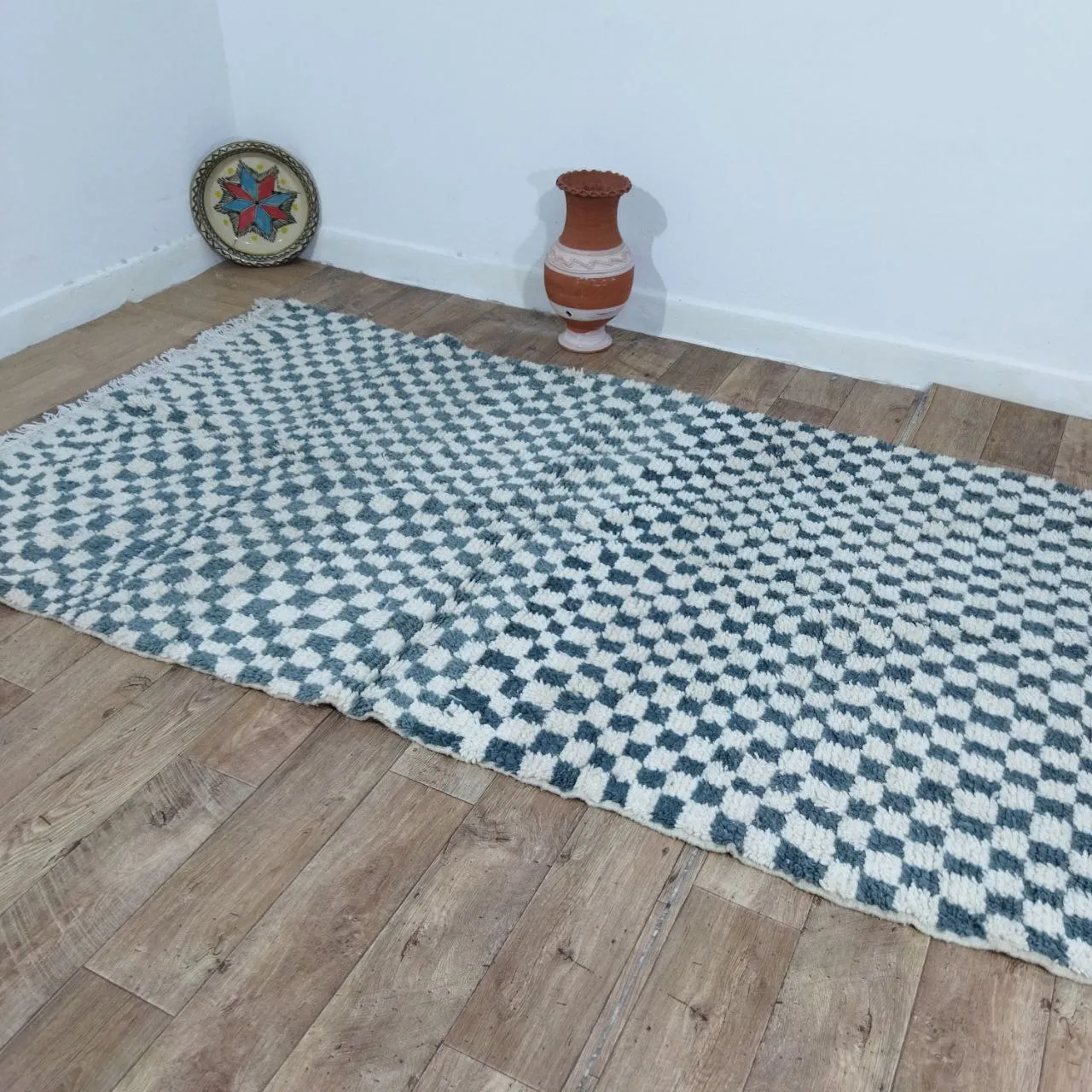 Turquoise Handmade Rug, White & Turquoise Checkered Rug - Berber style wool rug from Morocco - Modern rug