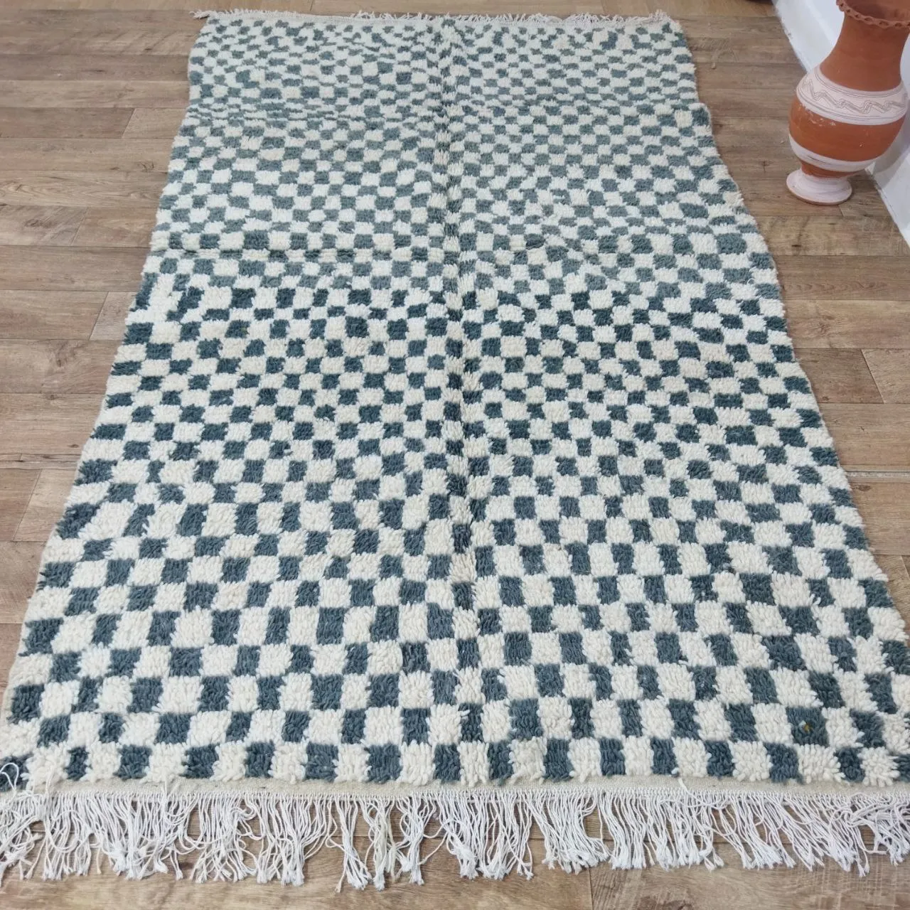 Turquoise Handmade Rug, White & Turquoise Checkered Rug - Berber style wool rug from Morocco - Modern rug