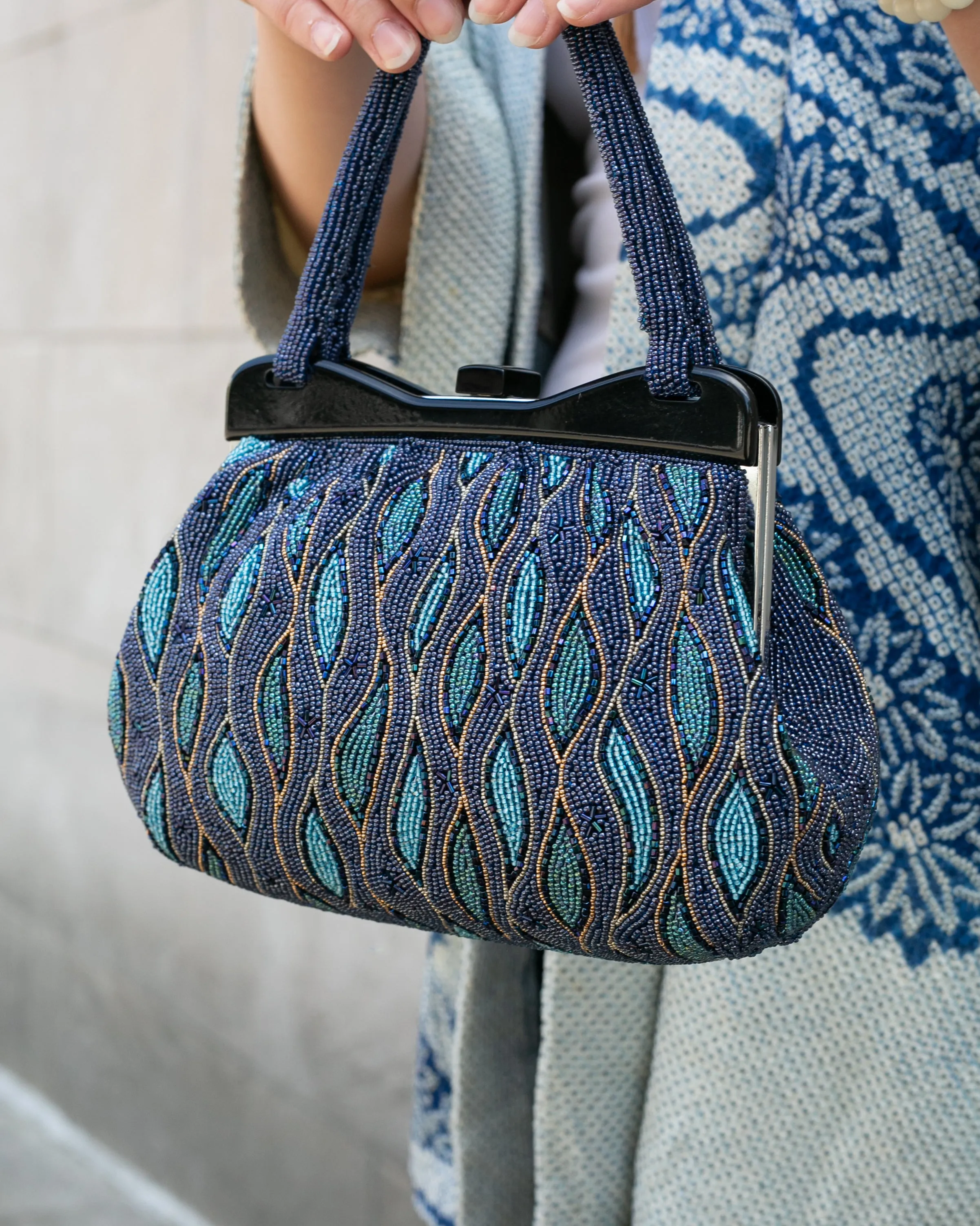 Vintage Bag, Purse, Beaded, Blue Waves