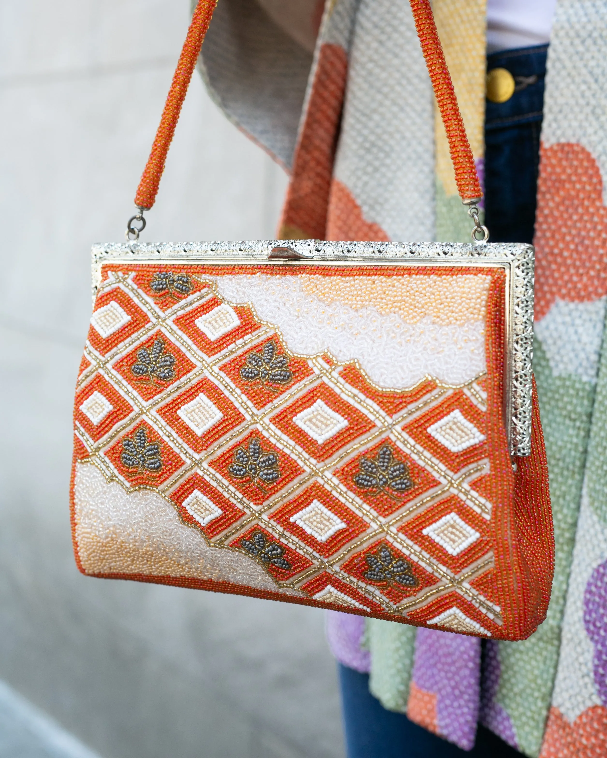 Vintage Bag, Purse, Beaded, Orange Diamonds and Clouds