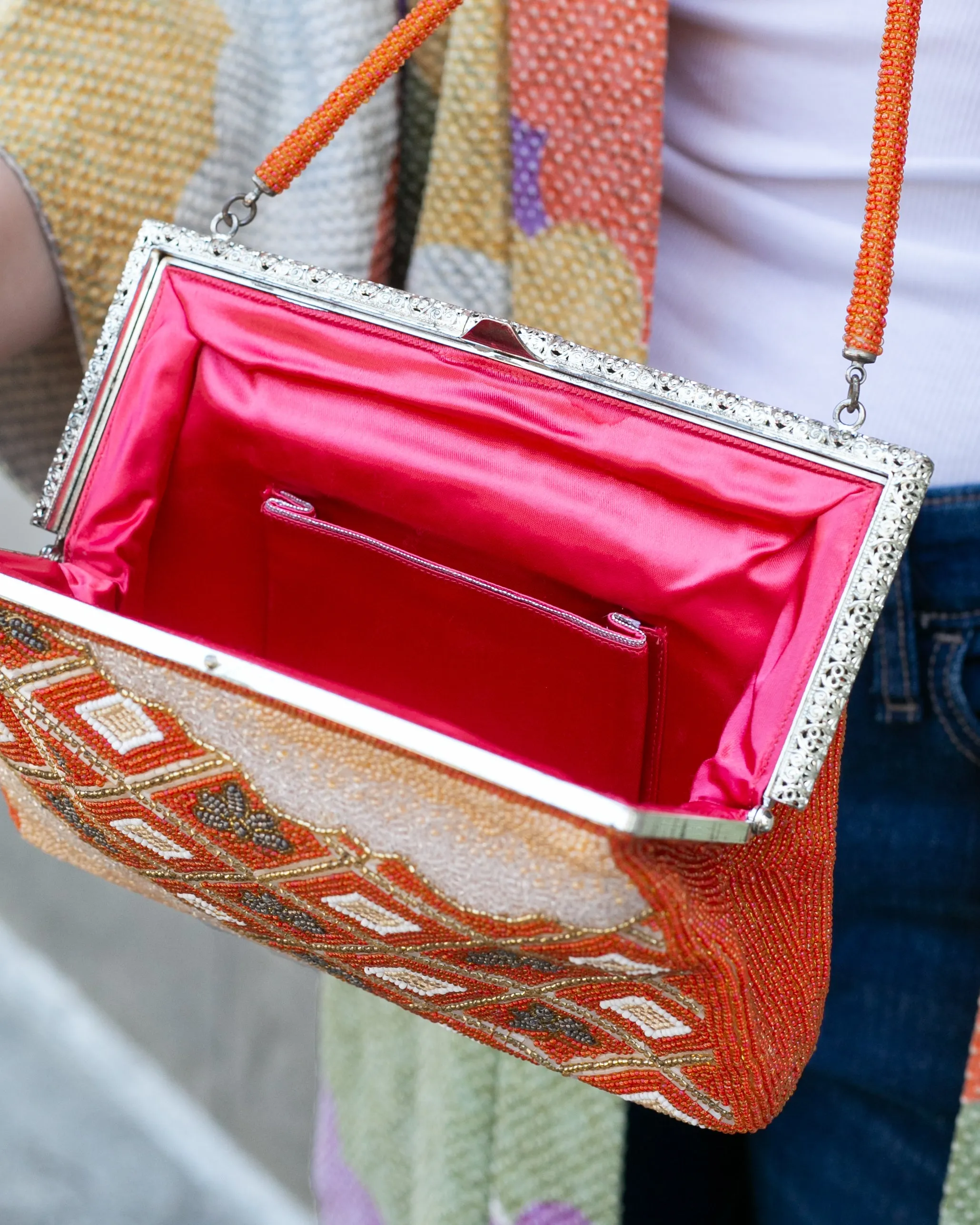 Vintage Bag, Purse, Beaded, Orange Diamonds and Clouds