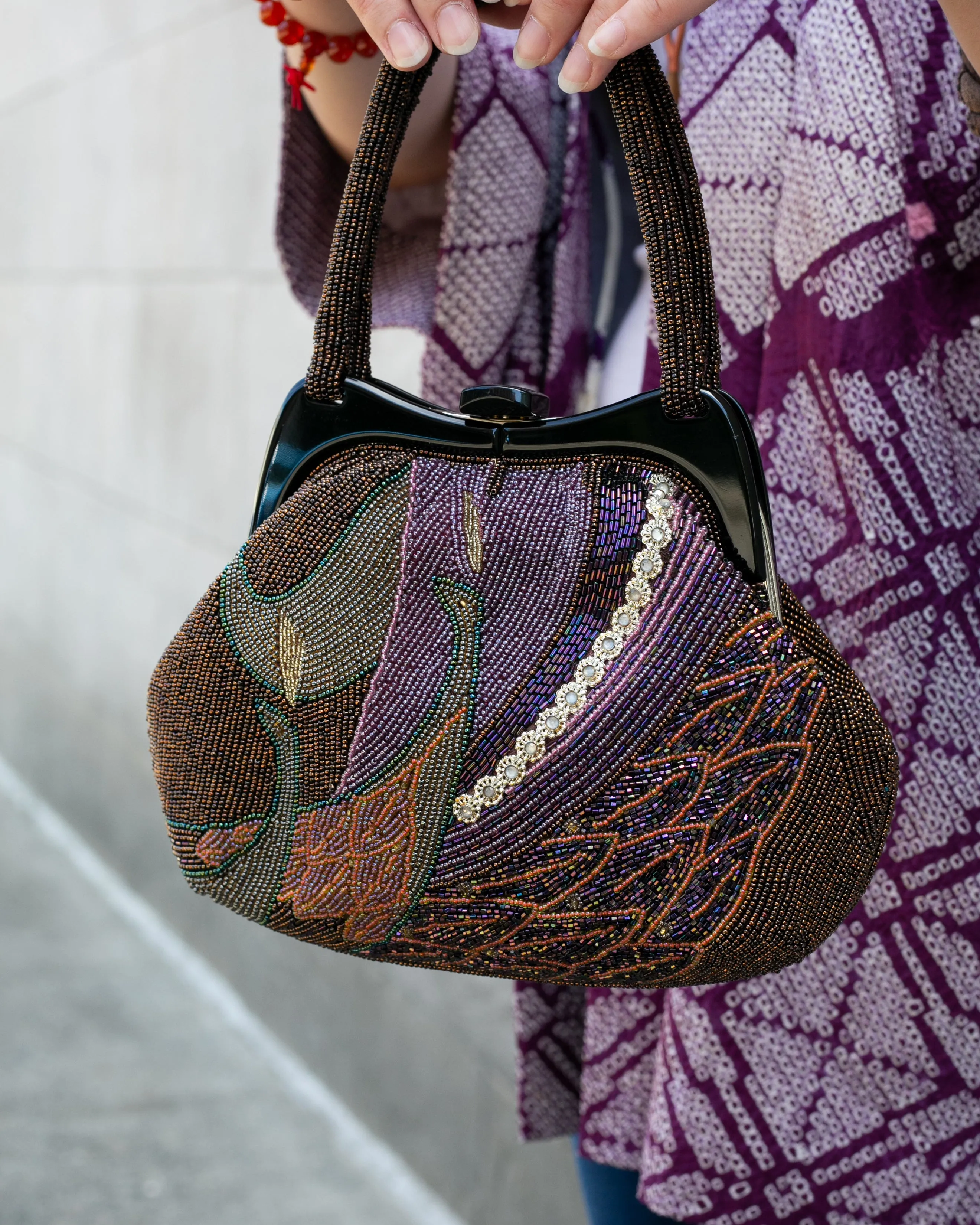 Vintage Bag, Purse, Beaded, Purple Abstract Scenery