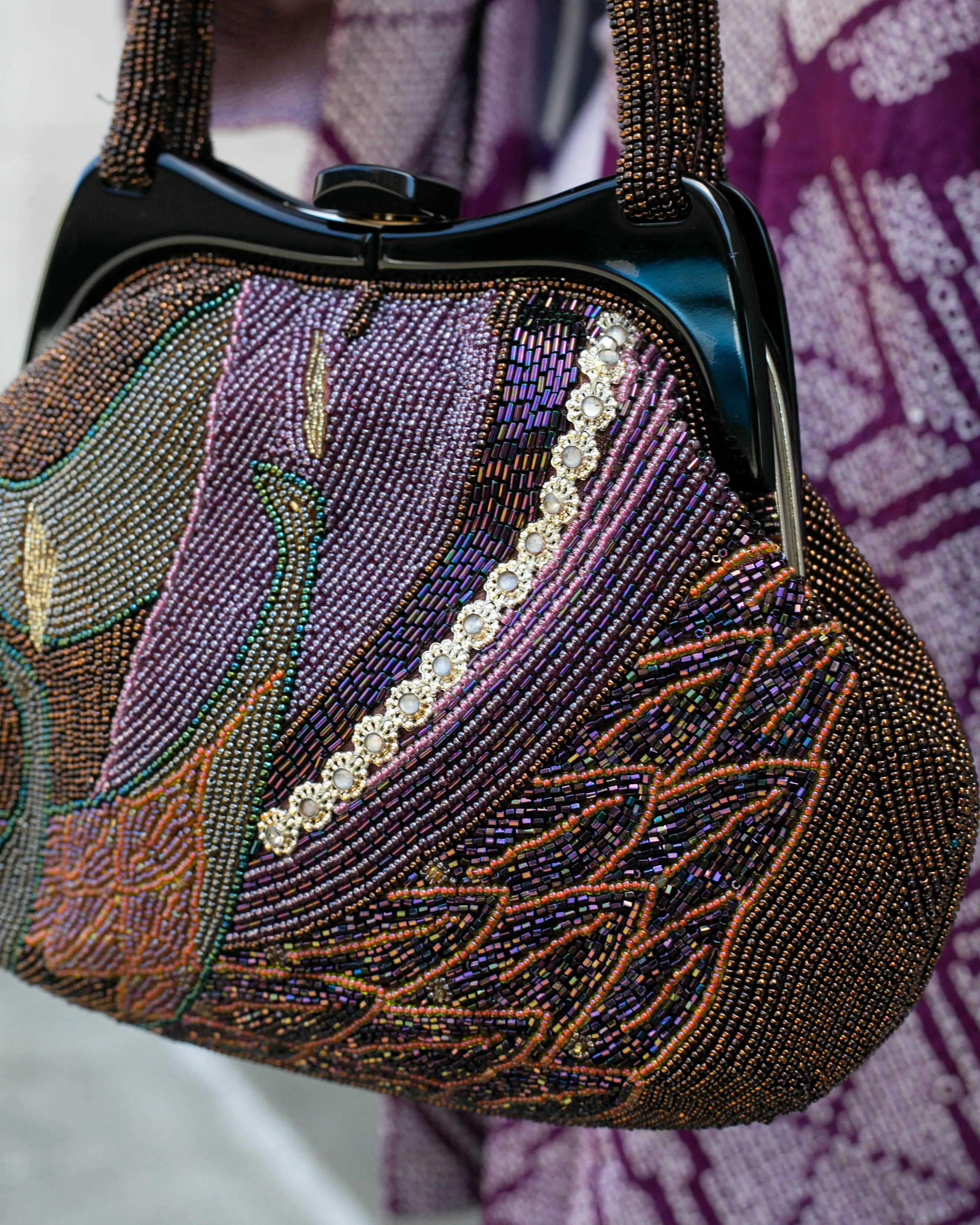 Vintage Bag, Purse, Beaded, Purple Abstract Scenery