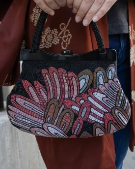 Vintage Bag, Purse, Beaded, Shades of Pink, Coral and Red, Abstract Feather Design