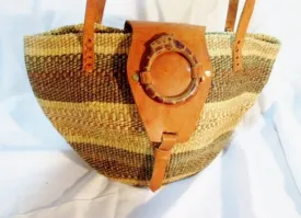 Woven Leather Basket Tote Satchel Shoulder Market Bucket Bag BROWN GIRAFFE NATURAL