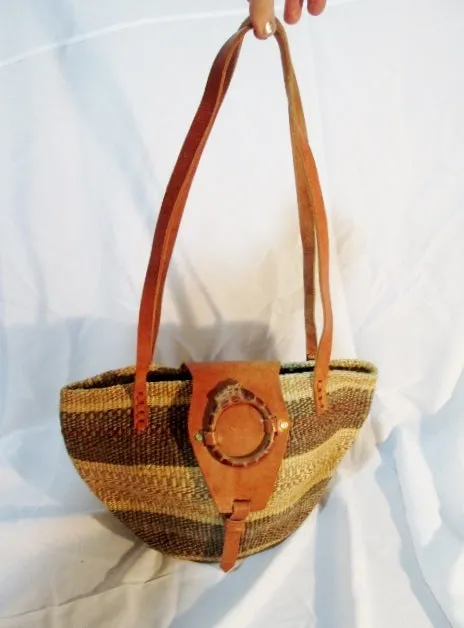 Woven Leather Basket Tote Satchel Shoulder Market Bucket Bag BROWN GIRAFFE NATURAL