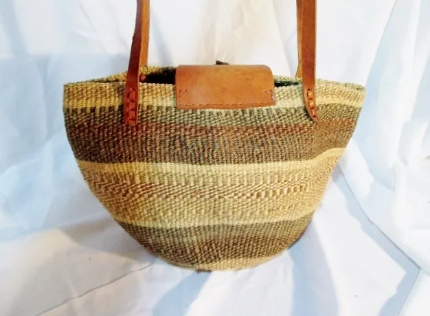 Woven Leather Basket Tote Satchel Shoulder Market Bucket Bag BROWN GIRAFFE NATURAL