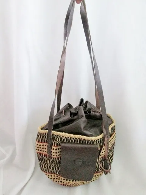 Woven Straw Leather Basket Sling Satchel Shoulder Market Bucket Bag BROWN NATURAL