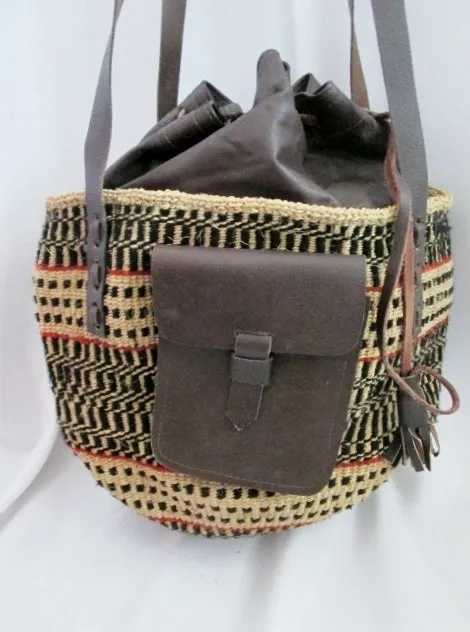 Woven Straw Leather Basket Sling Satchel Shoulder Market Bucket Bag BROWN NATURAL