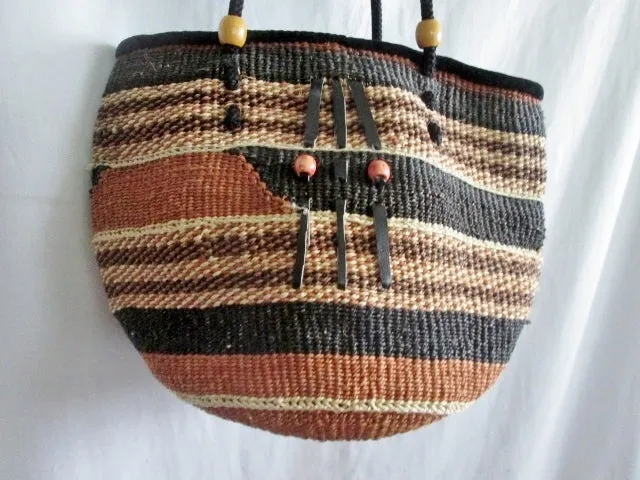 Woven STRING STRAW Basket Sling Satchel Shoulder Market Bucket Bag BROWN BLACK Ethnic