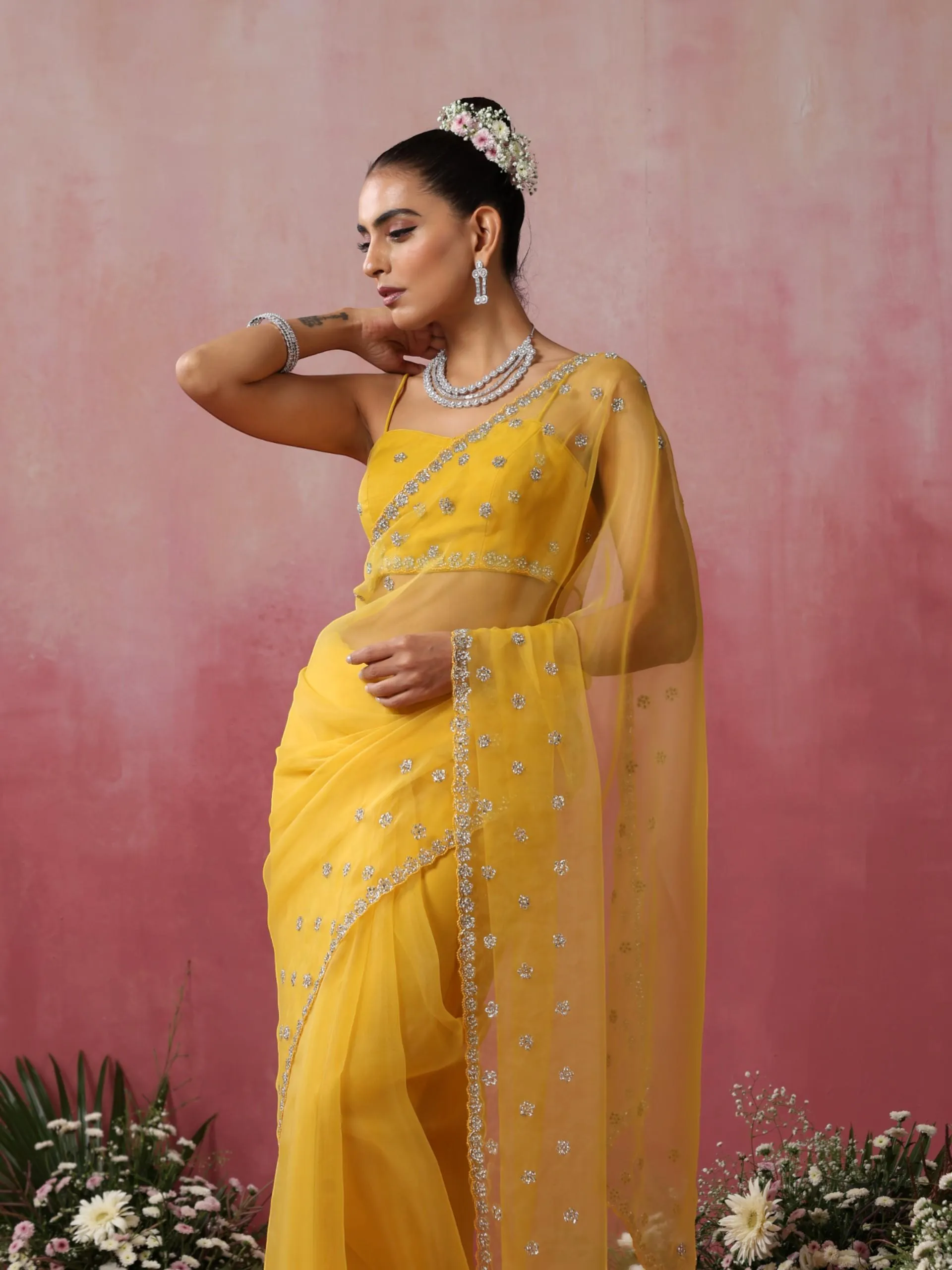 Yellow Cloud with Hand Beaded Saree with Beaded Blouse Fabric