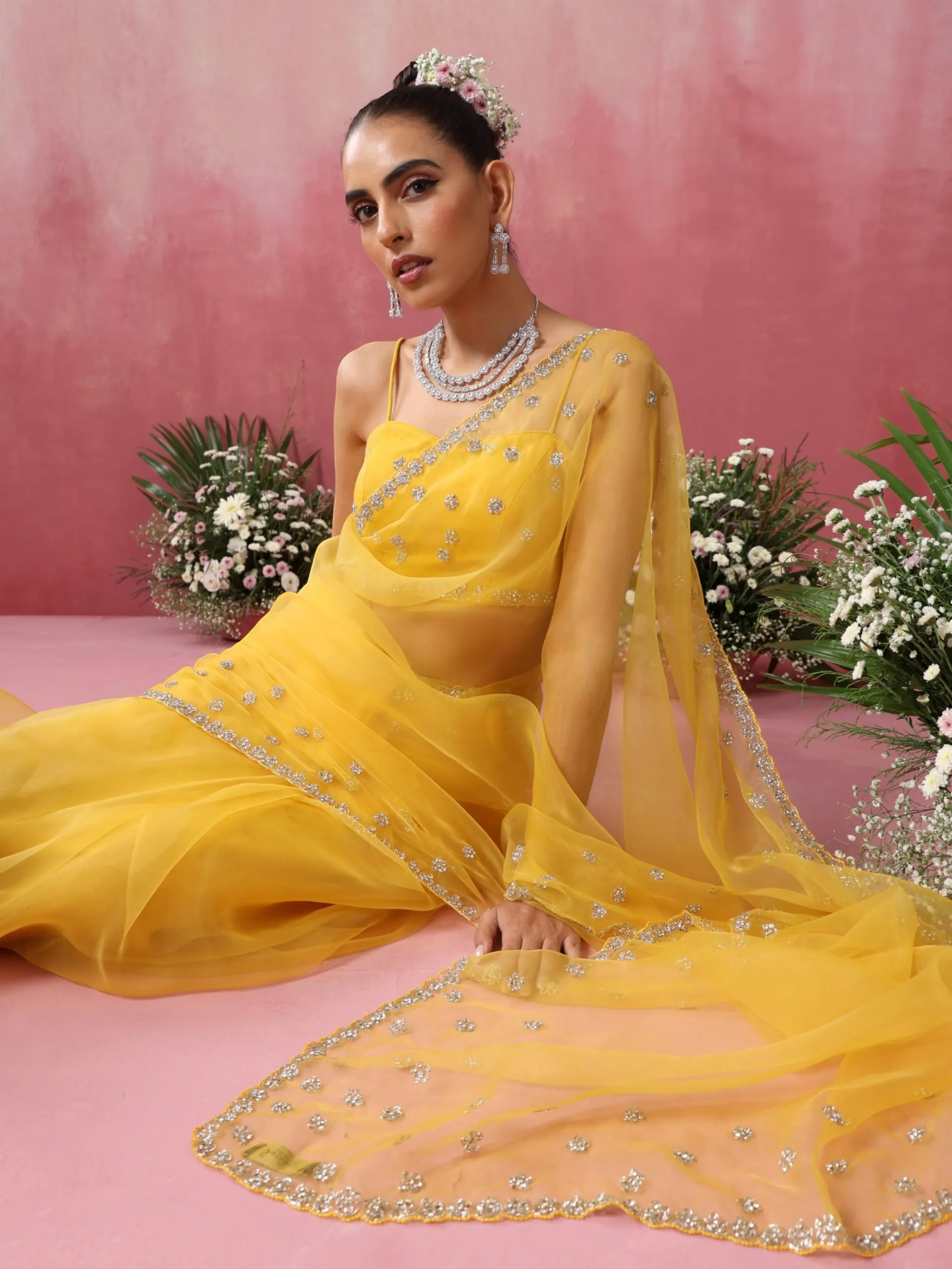 Yellow Cloud with Hand Beaded Saree with Beaded Blouse Fabric