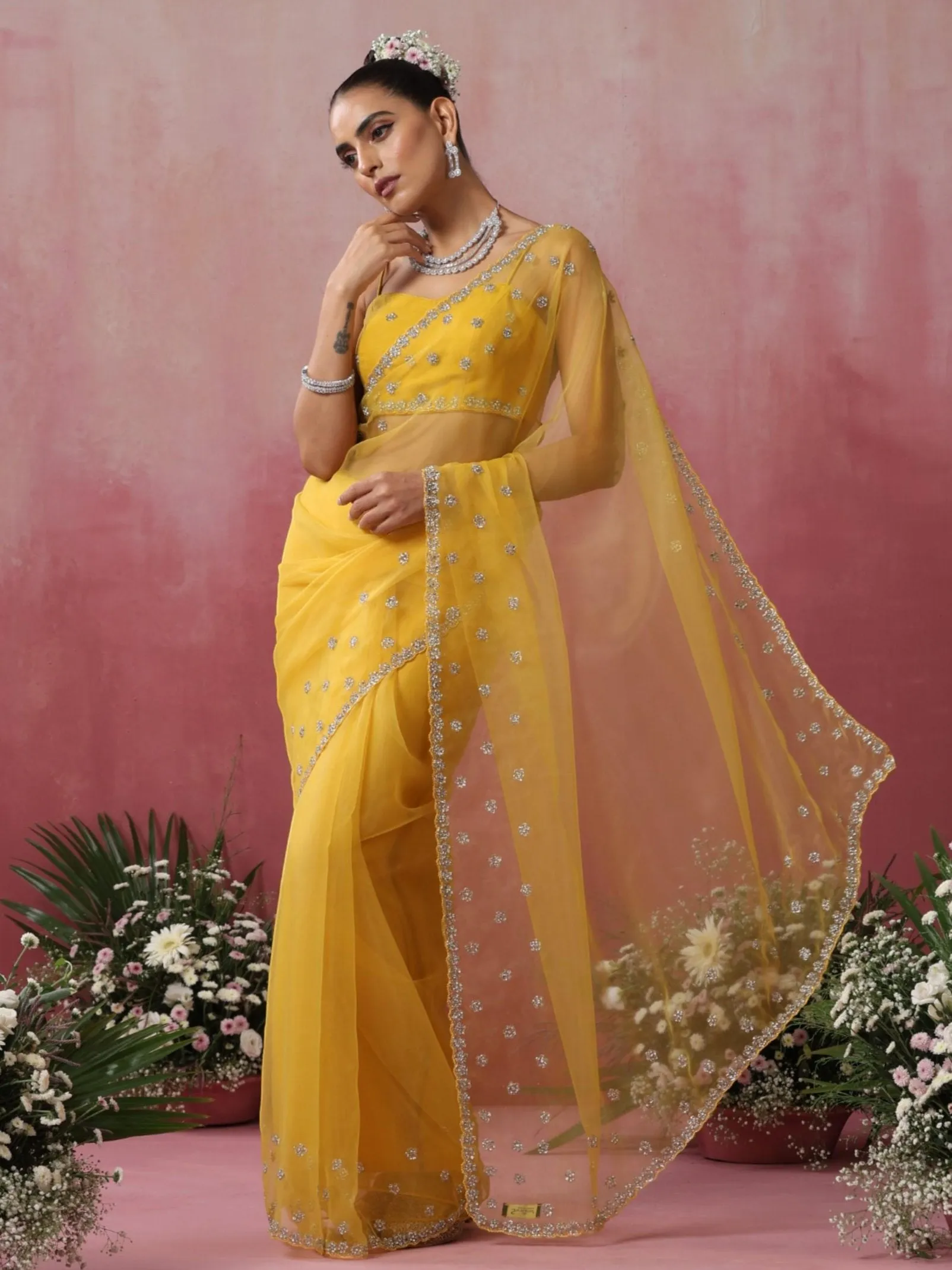 Yellow Cloud with Hand Beaded Saree with Beaded Blouse Fabric