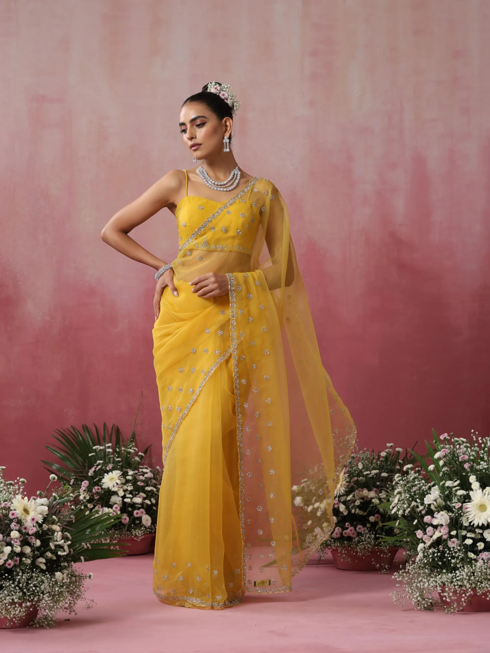 Yellow Cloud with Hand Beaded Saree with Beaded Blouse Fabric