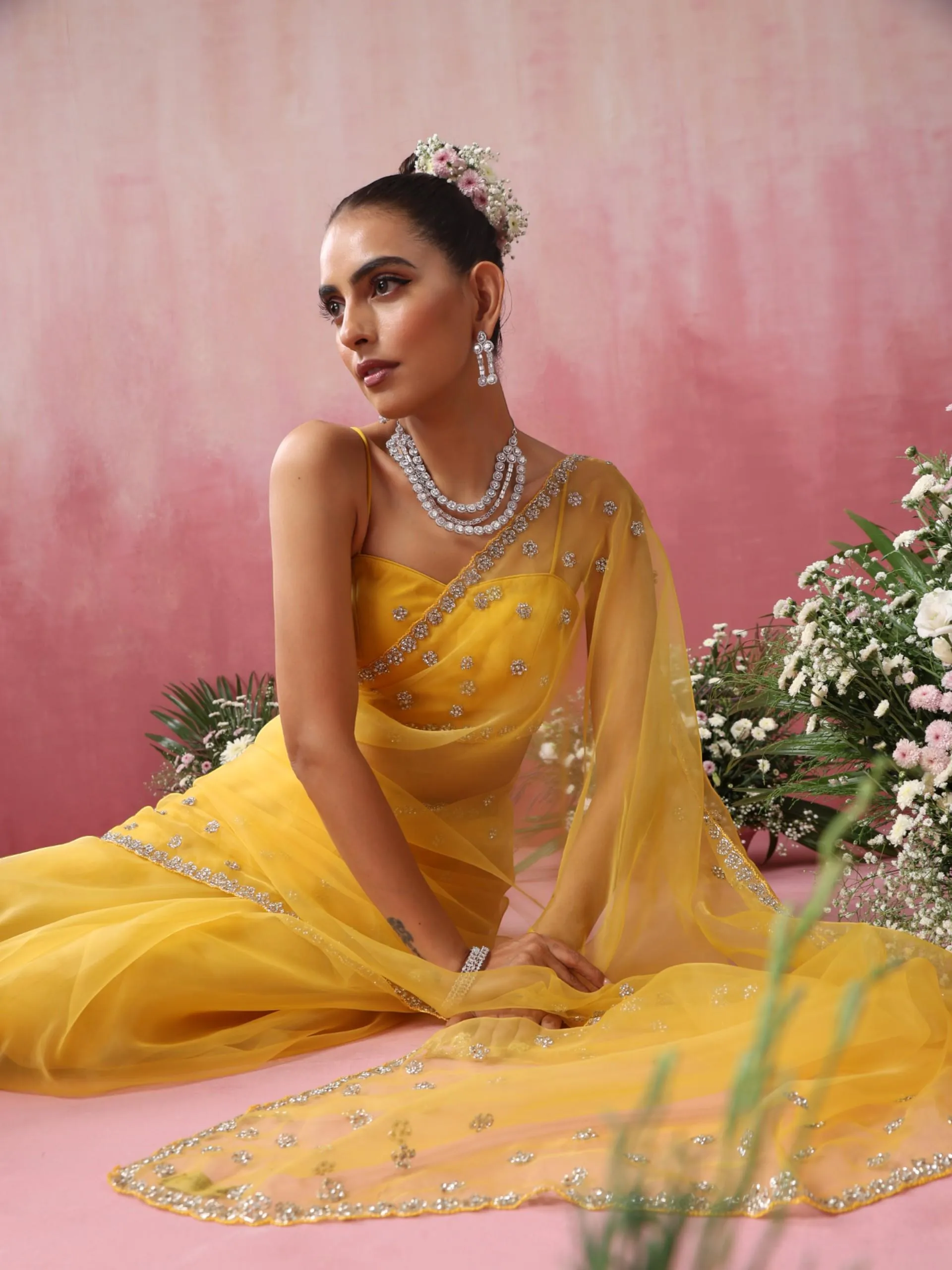 Yellow Cloud with Hand Beaded Saree with Beaded Blouse Fabric