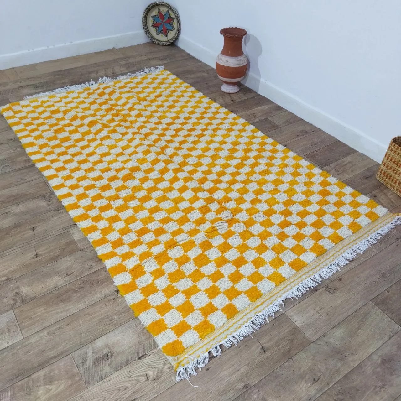 Yellow Handmade Rug, Yellow Checkered Rug - Berber style wool rug from Morocco - Modern rug