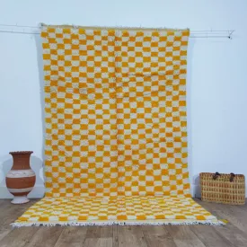 Yellow Handmade Rug, Yellow Checkered Rug - Berber style wool rug from Morocco - Modern rug