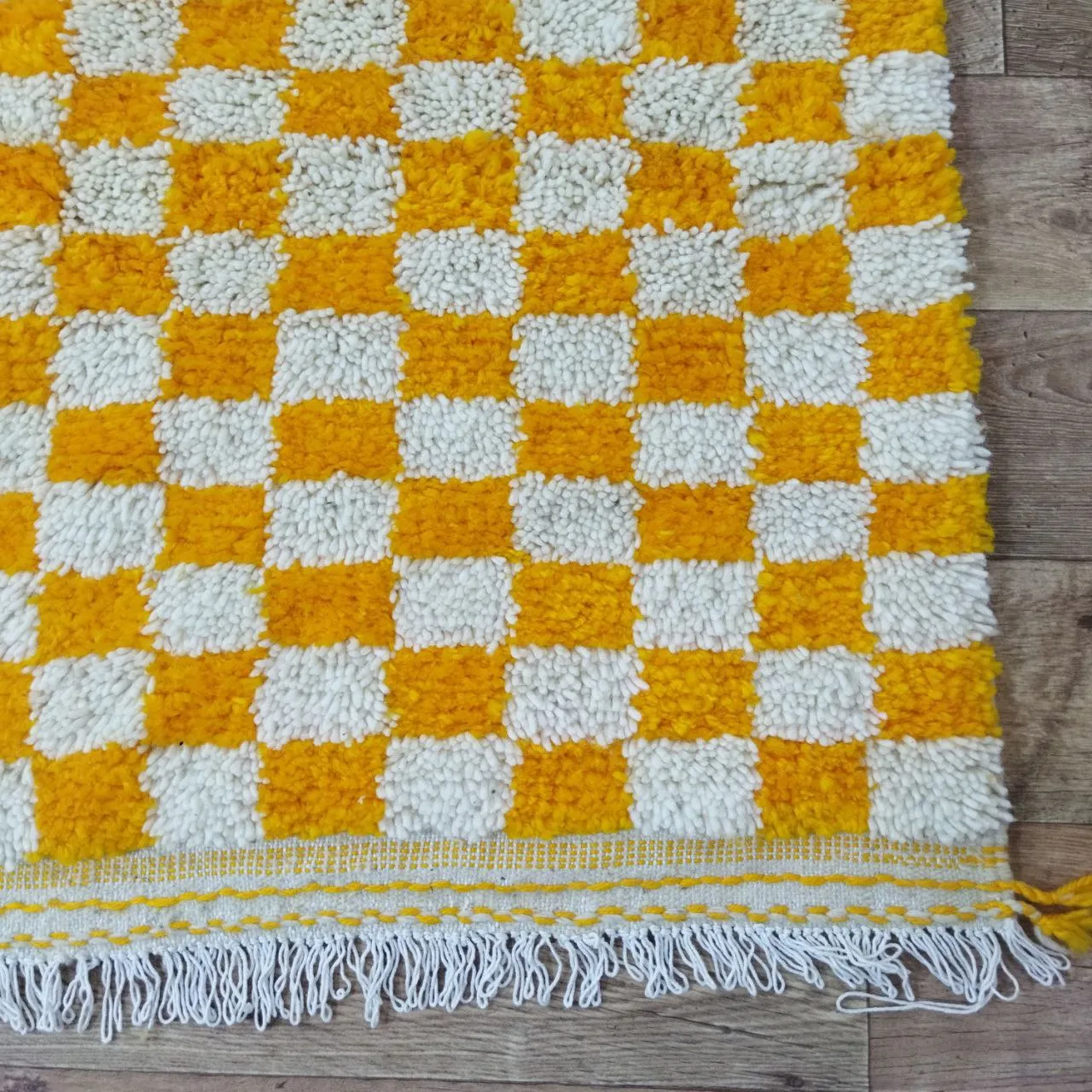 Yellow Handmade Rug, Yellow Checkered Rug - Berber style wool rug from Morocco - Modern rug