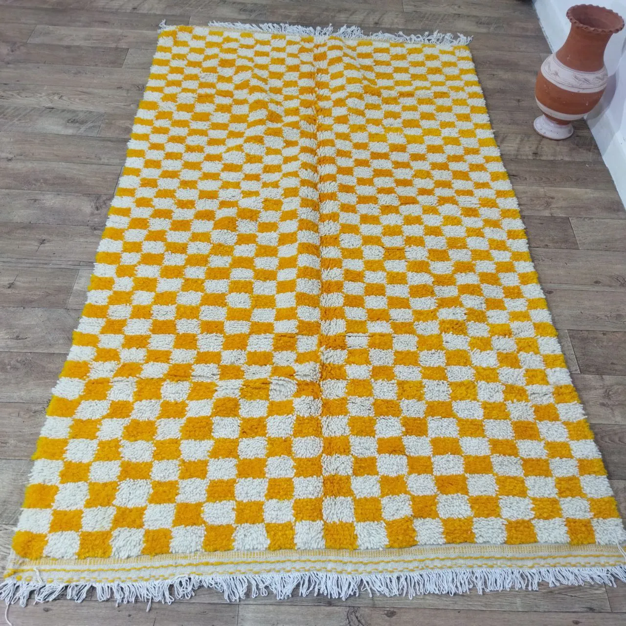 Yellow Handmade Rug, Yellow Checkered Rug - Berber style wool rug from Morocco - Modern rug